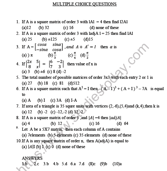 CBSE Class 12 Mathematics Matrices and Determinants MCQs, Multiple